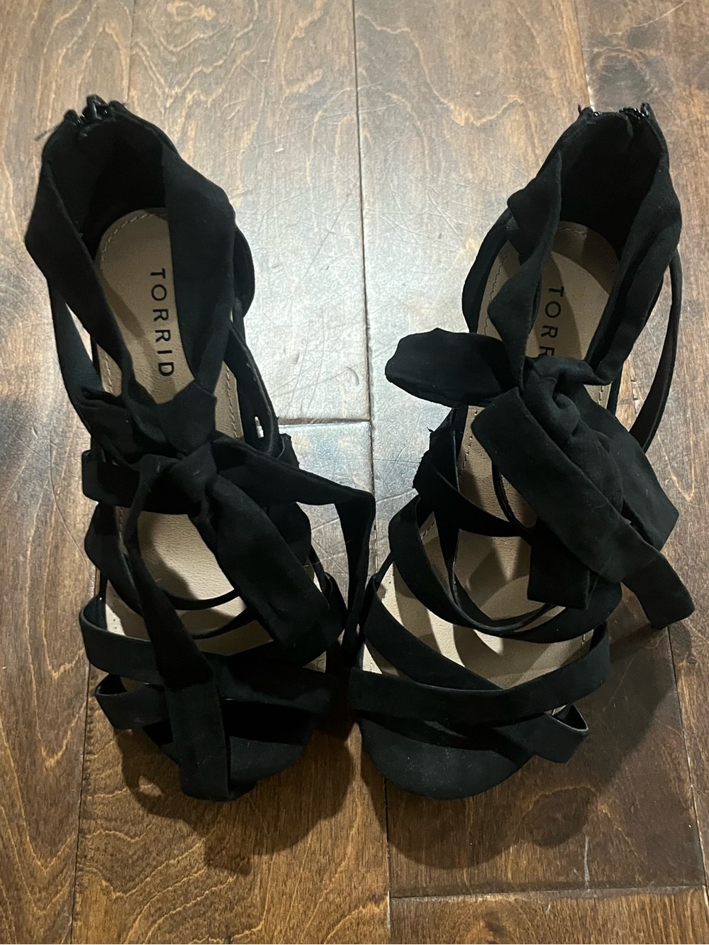 Torrid Black Suede Strappy Lace-Up Ankle-Wrap wedge sandals size WW 6.5